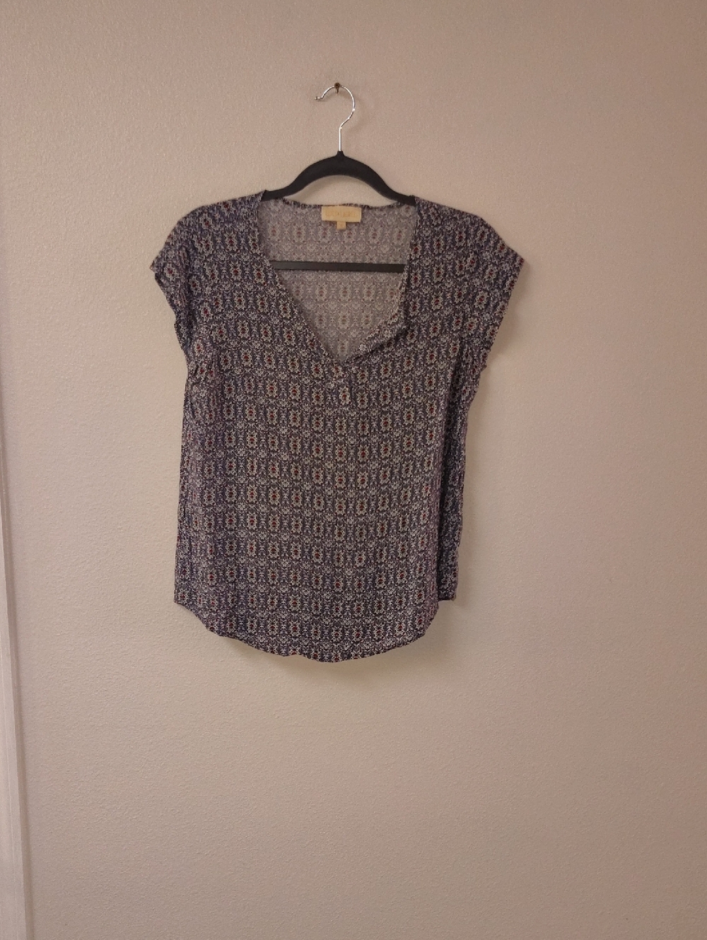 Lucy & Laurel Womens Blue Geometric Boho V-Neck‎ Cap Sleeve Blouse Top Small